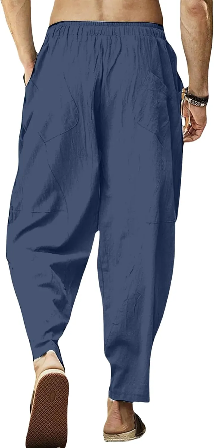 Mens Linen Harem Pants Loose Fit Drawstring Elastic Waist Pant Baggy Summer Casual Hippie Beach Yoga Short Pants