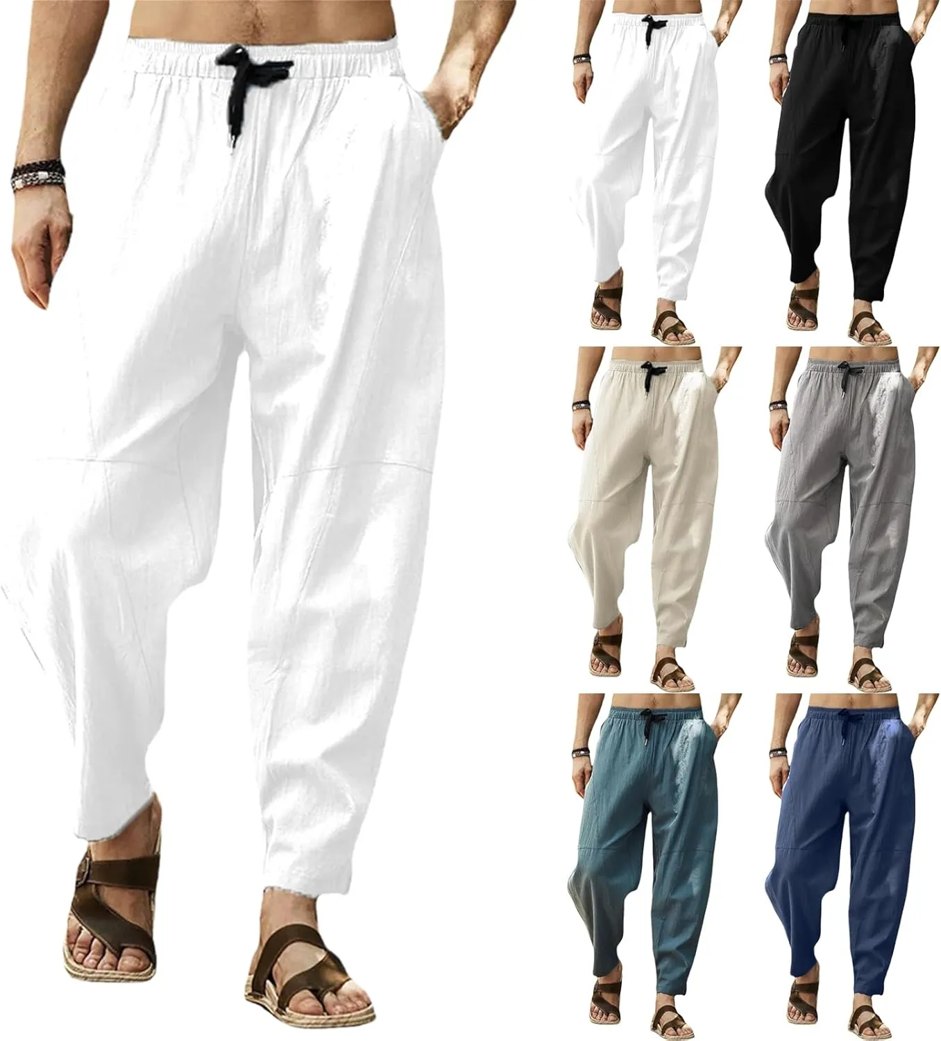 Mens Linen Harem Pants Loose Fit Drawstring Elastic Waist Pant Baggy Summer Casual Hippie Beach Yoga Short Pants