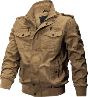 Men's Multi Pockets Cotton Cargo Jackets Zip Front Stand Collar Military Jackets Casual Loose Bomber Jacket