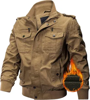 Men's Multi Pockets Cotton Cargo Jackets Zip Front Stand Collar Military Jackets Casual Loose Bomber Jacket
