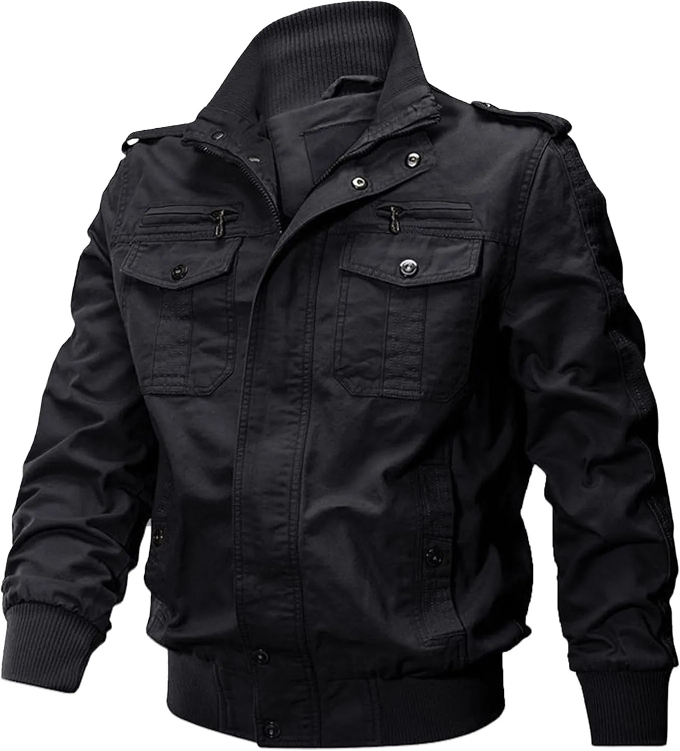 Men's Multi Pockets Cotton Cargo Jackets Zip Front Stand Collar Military Jackets Casual Loose Bomber Jacket