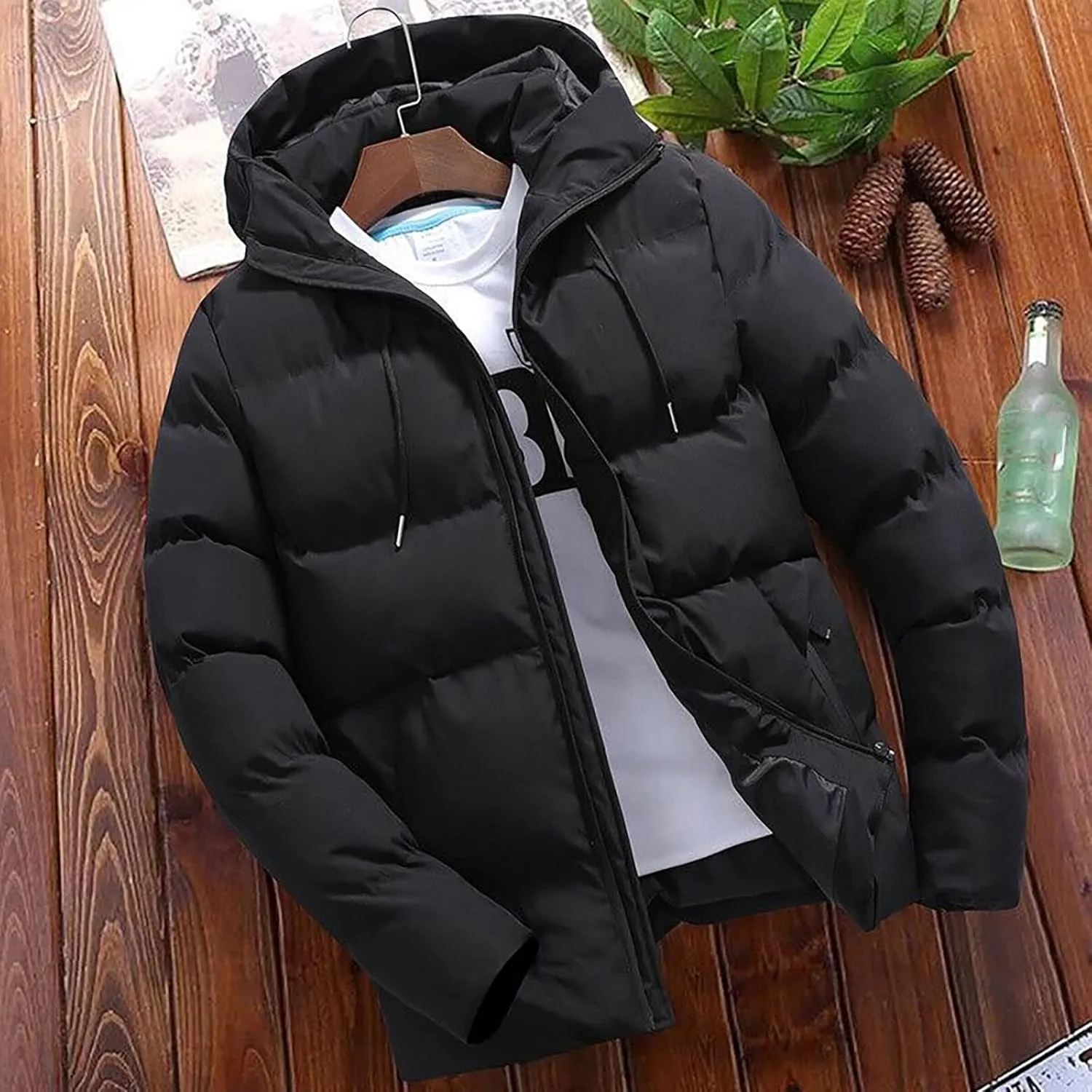 Mens Puffer Jacket Lightweight Packable Winter Coat with Hood Full Zip Thicken Insulated Running Travel Puffy Jackets