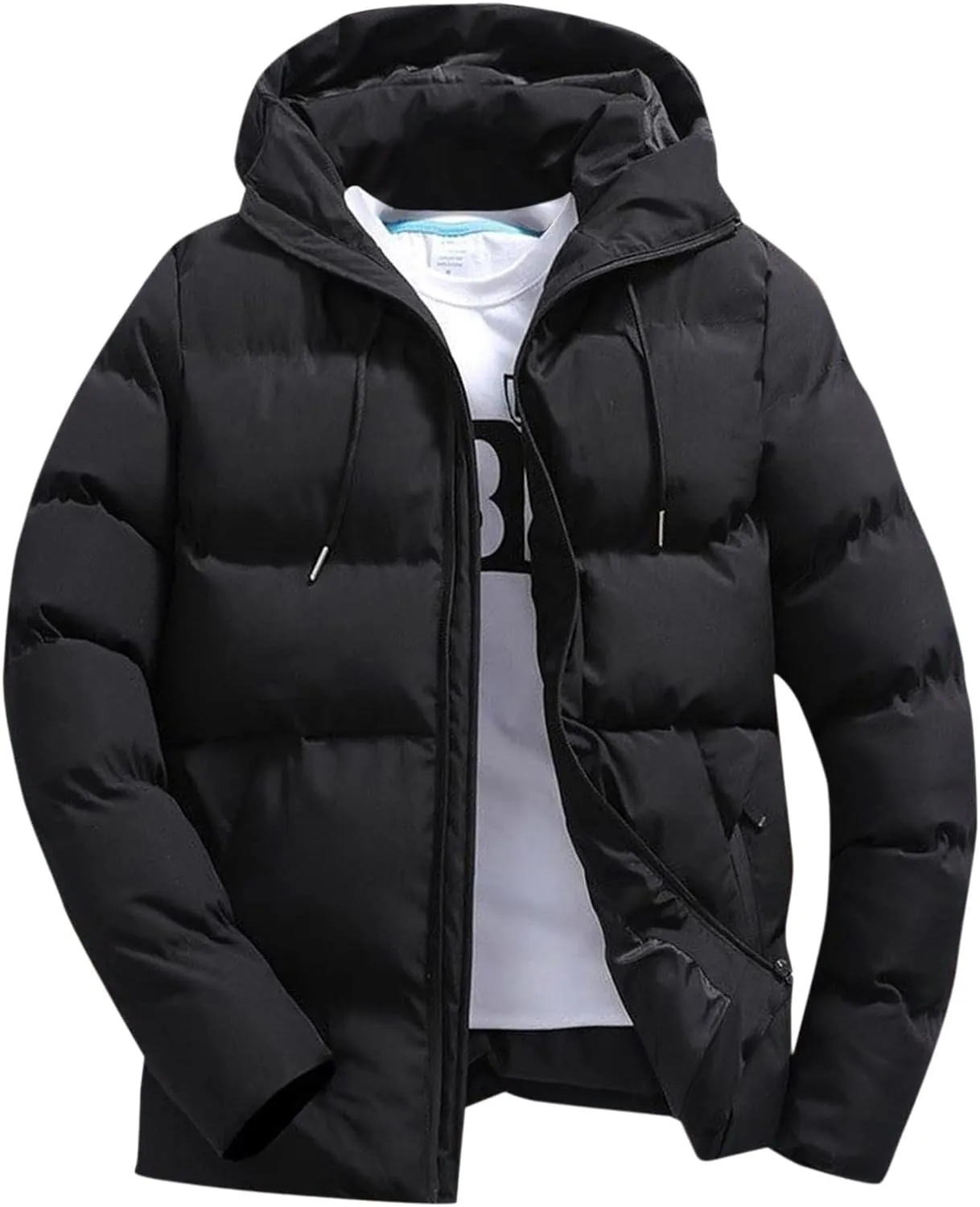 Mens Puffer Jacket Lightweight Packable Winter Coat with Hood Full Zip Thicken Insulated Running Travel Puffy Jackets