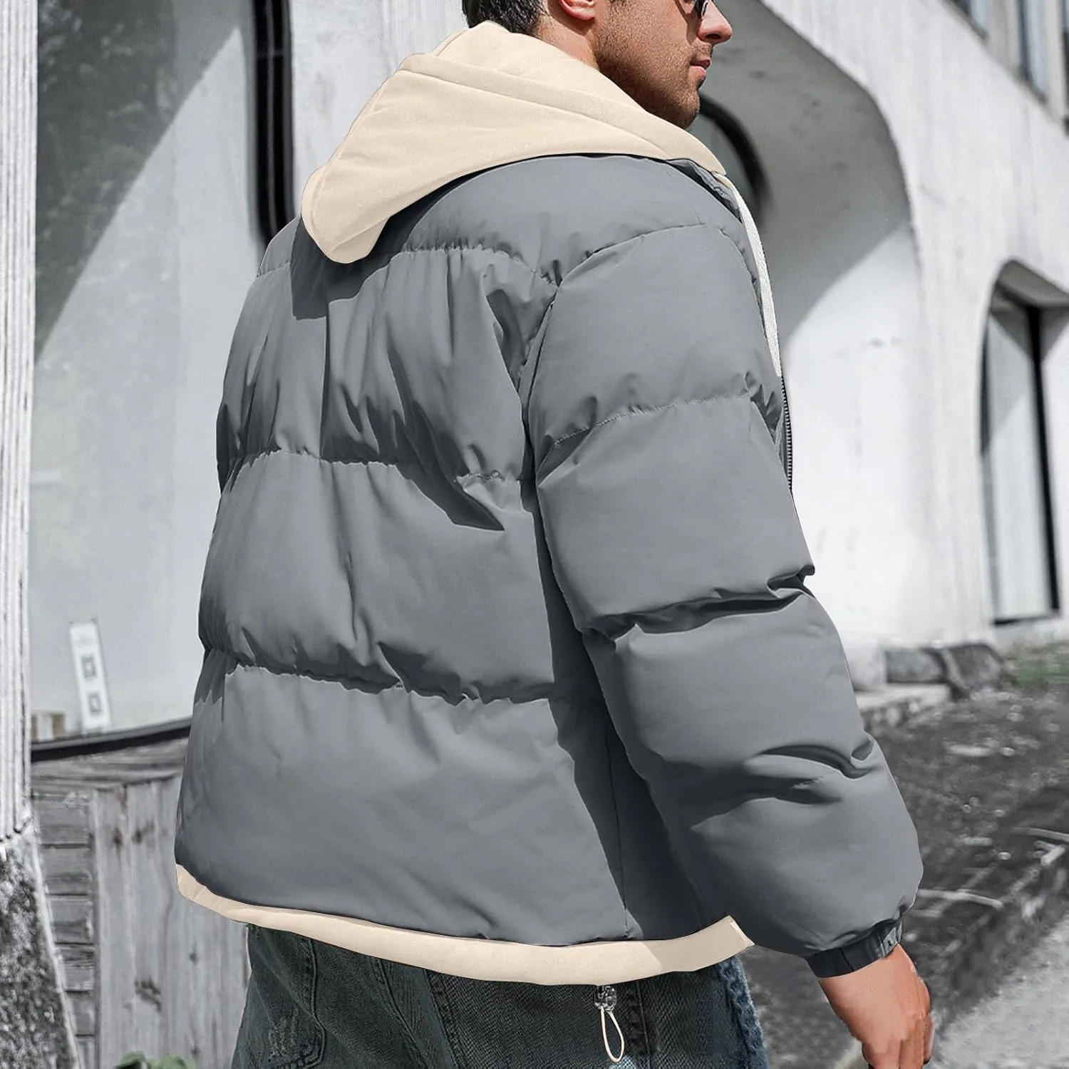Mens Puffer Jacket Zip up Padded Coat Hooded down Coat Quilted Insulated Jacket Windproof Winter Jacket Thermal Outwear