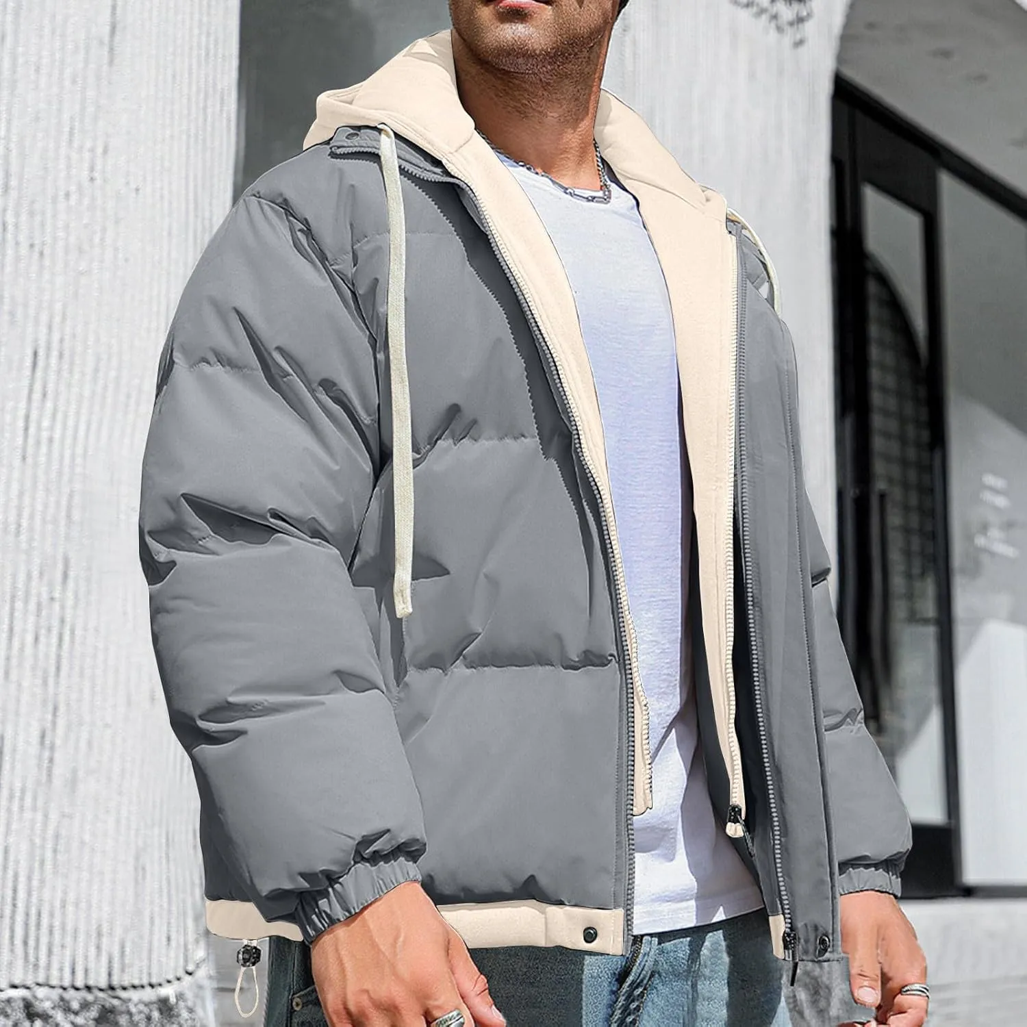 Mens Puffer Jacket Zip up Padded Coat Hooded down Coat Quilted Insulated Jacket Windproof Winter Jacket Thermal Outwear
