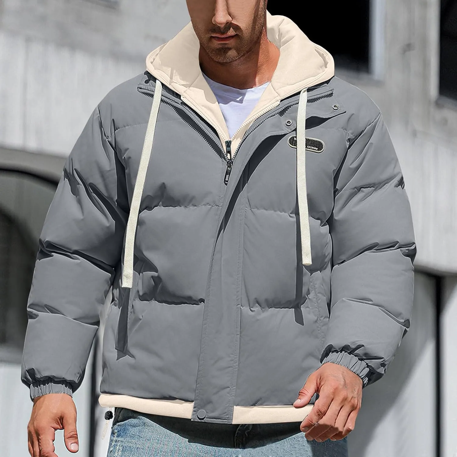 Mens Puffer Jacket Zip up Padded Coat Hooded down Coat Quilted Insulated Jacket Windproof Winter Jacket Thermal Outwear