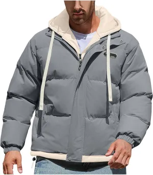 Mens Puffer Jacket Zip up Padded Coat Hooded down Coat Quilted Insulated Jacket Windproof Winter Jacket Thermal Outwear