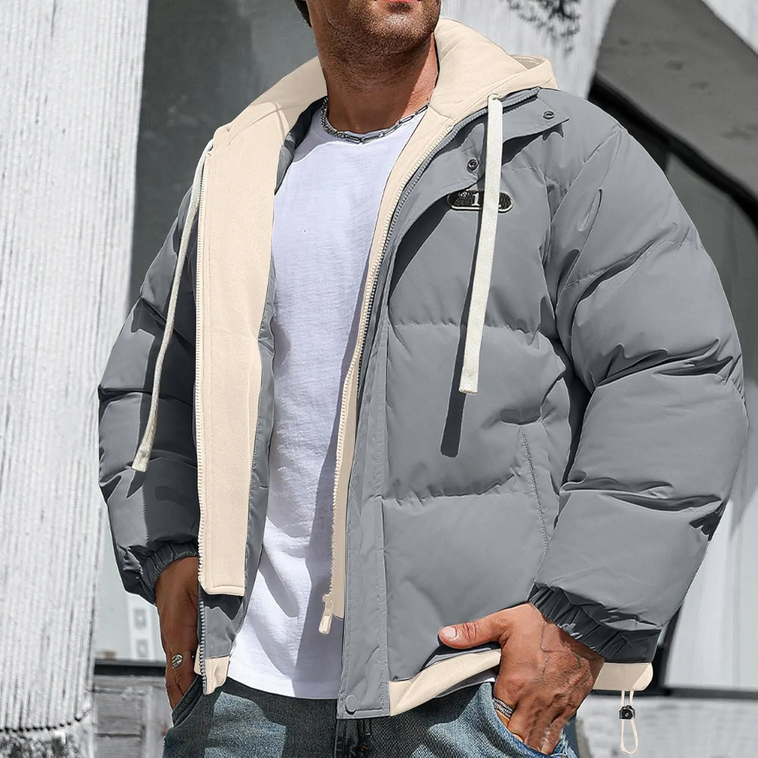 Mens Puffer Jacket Zip up Padded Coat Hooded down Coat Quilted Insulated Jacket Windproof Winter Jacket Thermal Outwear