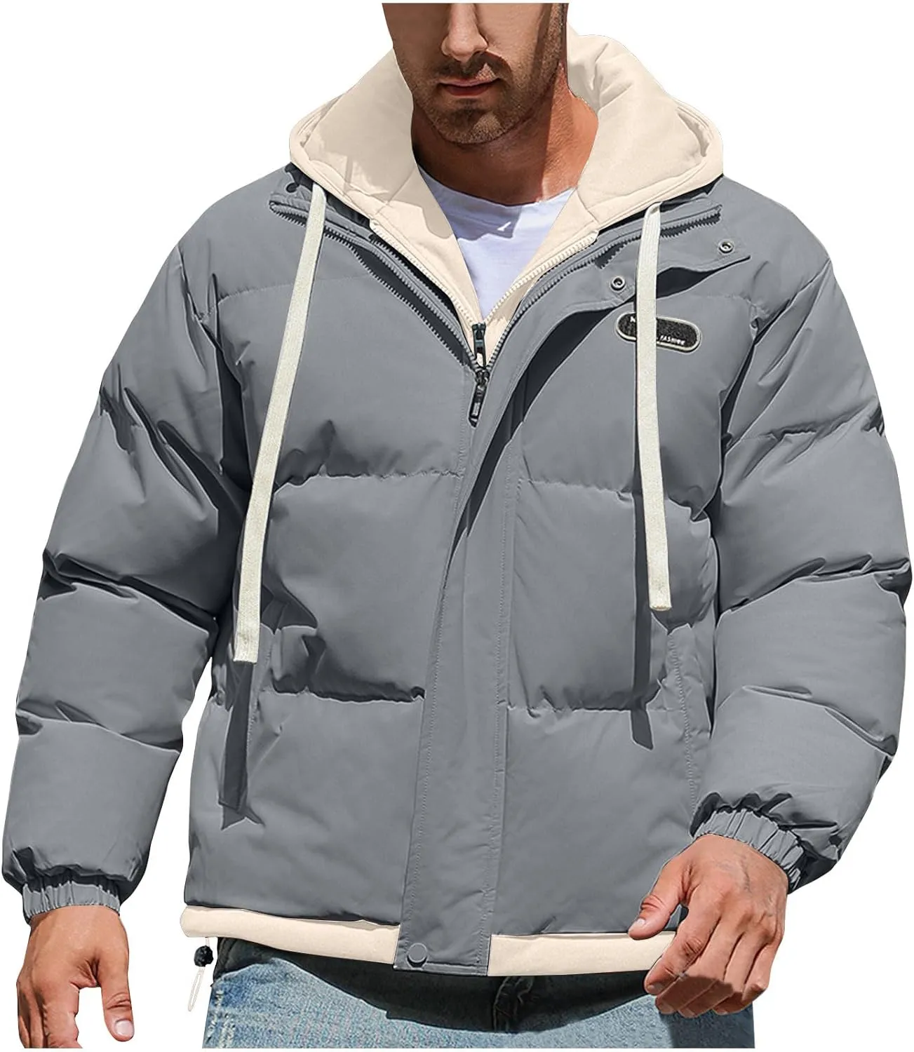 Mens Puffer Jacket Zip up Padded Coat Hooded down Coat Quilted Insulated Jacket Windproof Winter Jacket Thermal Outwear