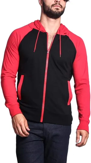 Men's Raglan Lightweight Zip Up Hoodie Sweatshirts TH864 - Black/Red - 4X-Large - A4G