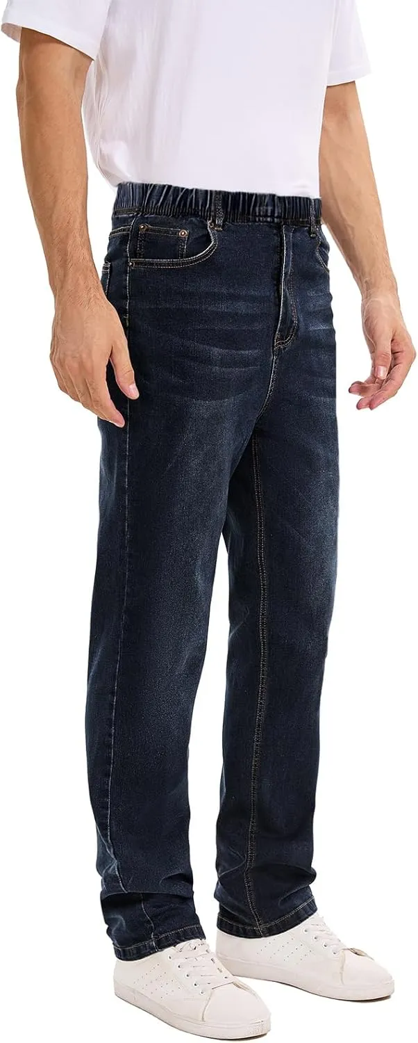 Men's Relaxed Fit Jeans Elastic Waist Stretch Denim Straight Leg Pants with Zipper