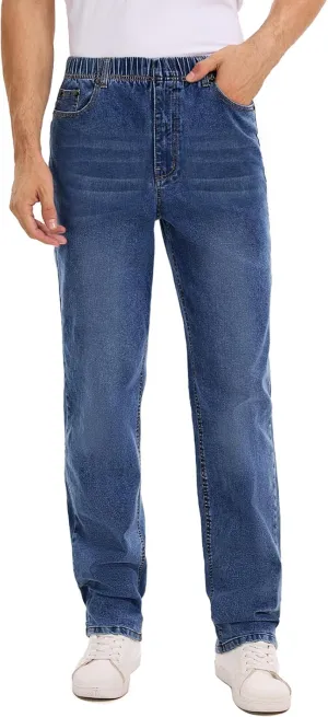 Men's Relaxed Fit Jeans Elastic Waist Stretch Denim Straight Leg Pants with Zipper