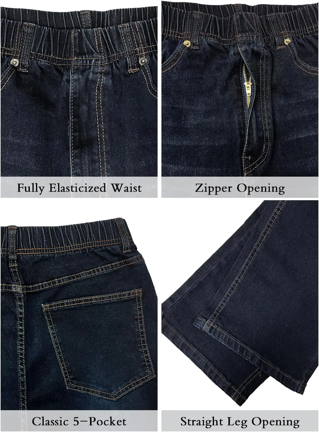 Men's Relaxed Fit Jeans Elastic Waist Stretch Denim Straight Leg Pants with Zipper