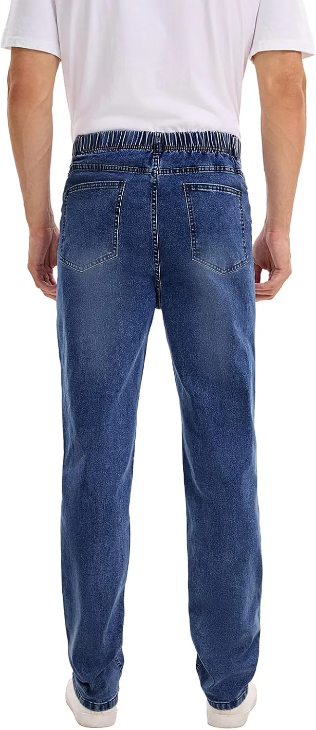 Men's Relaxed Fit Jeans Elastic Waist Stretch Denim Straight Leg Pants with Zipper