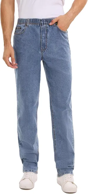 Men's Relaxed Fit Jeans Elastic Waist Stretch Denim Straight Leg Pants with Zipper