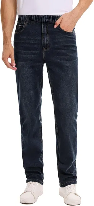 Men's Relaxed Fit Jeans Elastic Waist Stretch Denim Straight Leg Pants with Zipper