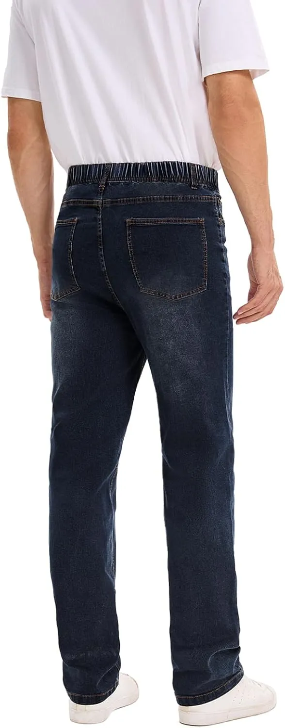 Men's Relaxed Fit Jeans Elastic Waist Stretch Denim Straight Leg Pants with Zipper