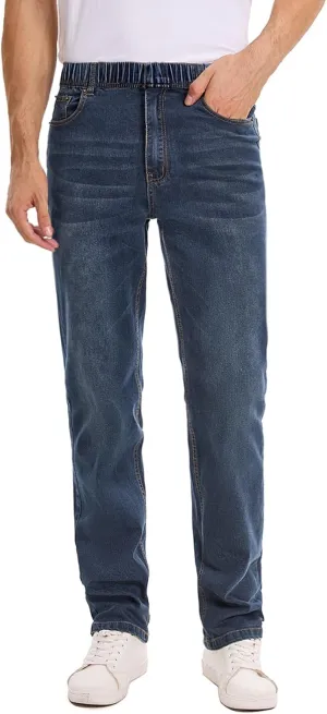 Men's Relaxed Fit Jeans Elastic Waist Stretch Denim Straight Leg Pants with Zipper