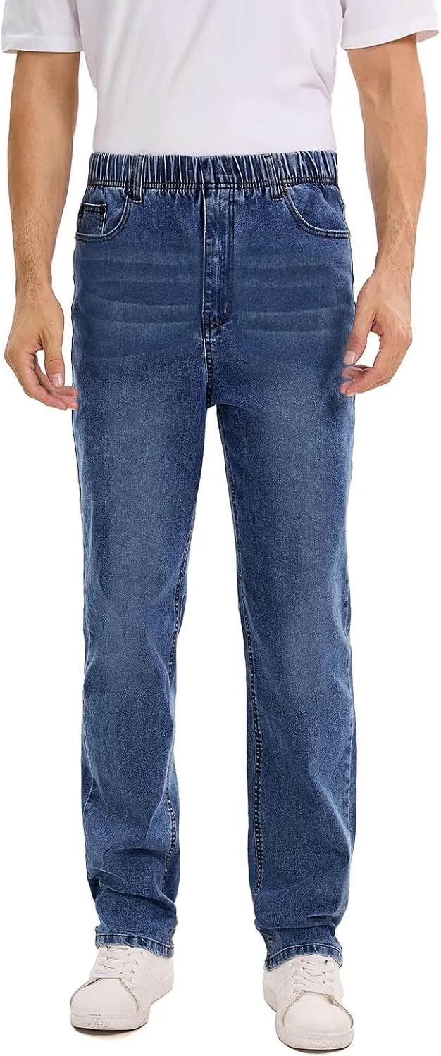 Men's Relaxed Fit Jeans Elastic Waist Stretch Denim Straight Leg Pants with Zipper