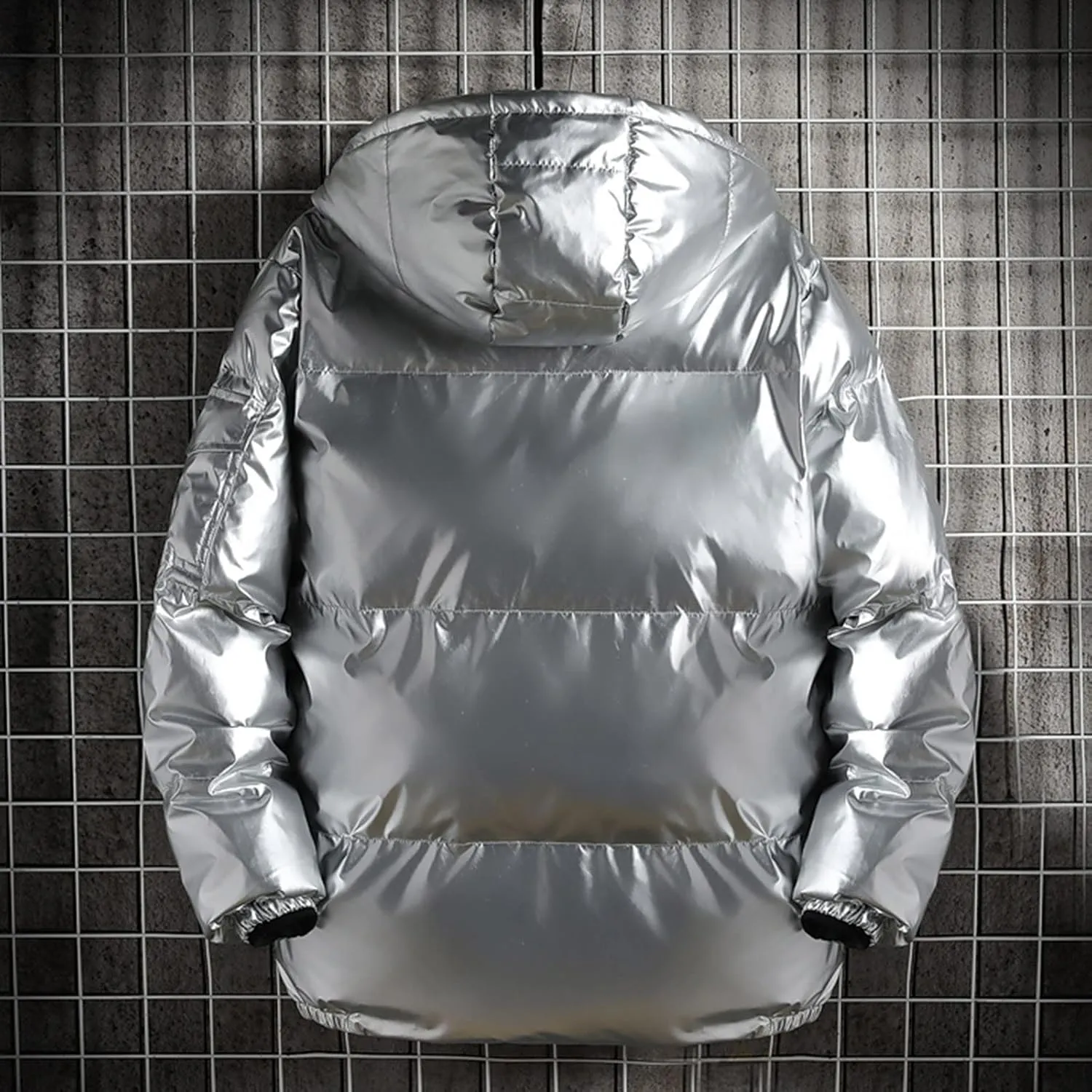 Men's Shiny Puffer Jacket Stand Collar Quilted Coat Lightweight Down Jacket Zip up Padded Coat Glossy Winter Jacket