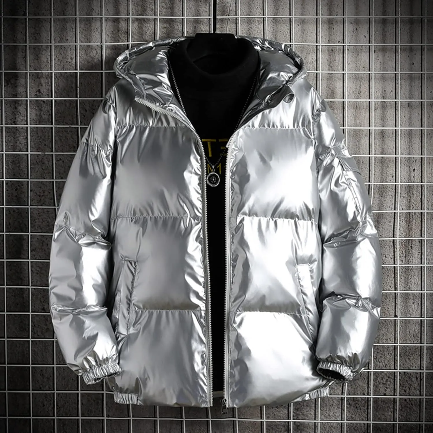 Men's Shiny Puffer Jacket Stand Collar Quilted Coat Lightweight Down Jacket Zip up Padded Coat Glossy Winter Jacket