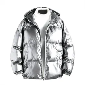 Men's Shiny Puffer Jacket Stand Collar Quilted Coat Lightweight Down Jacket Zip up Padded Coat Glossy Winter Jacket