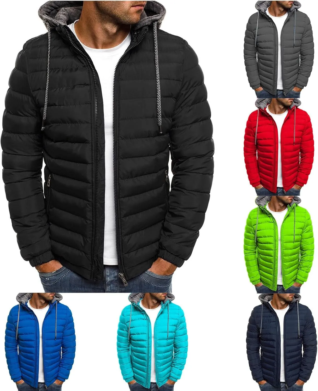 Men's Short Hooded Jacket Solid Color Full Zip Warm Windproof Winter Coats Hooded Outwear Coat Casual Jackets