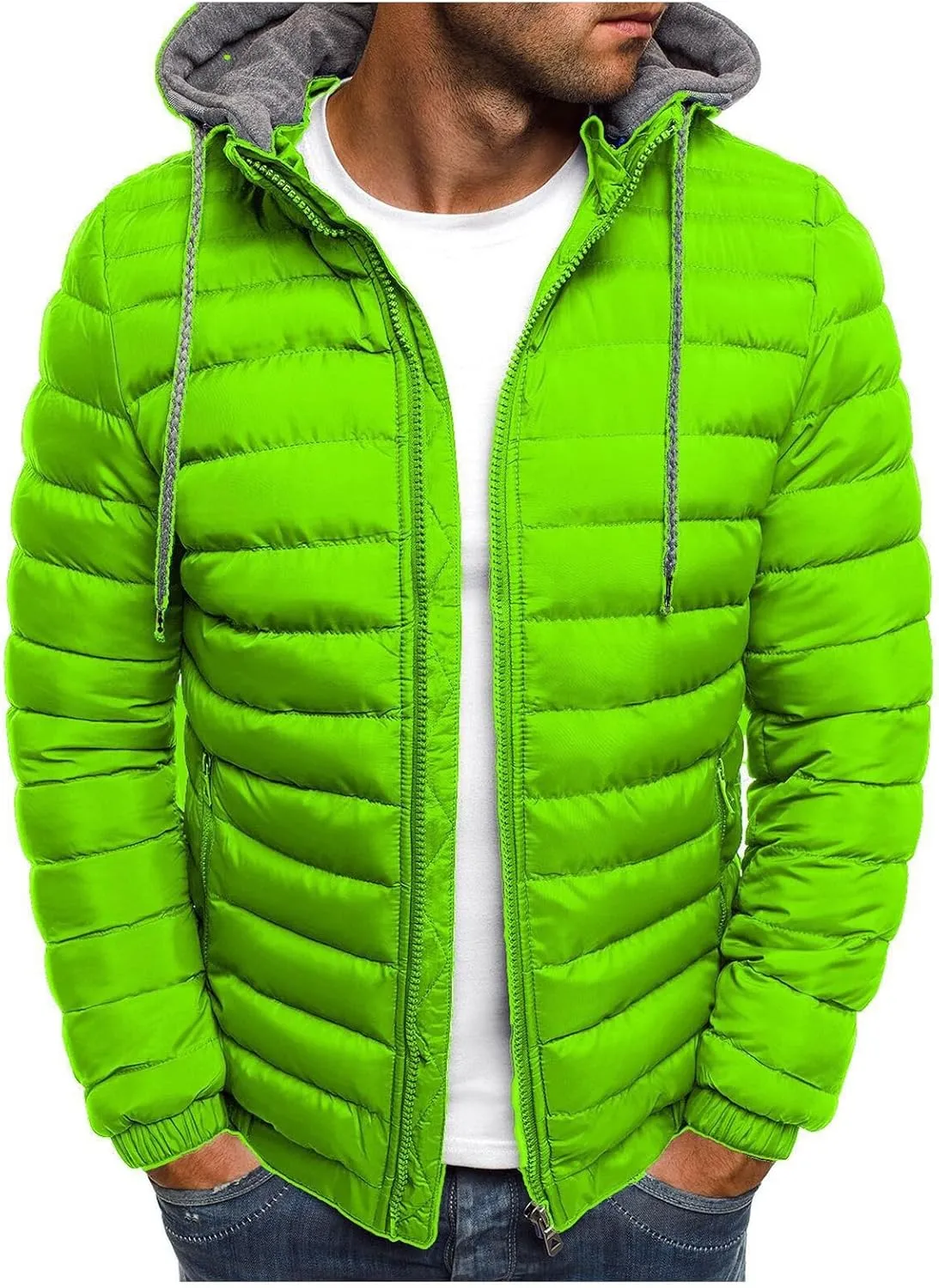 Men's Short Hooded Jacket Solid Color Full Zip Warm Windproof Winter Coats Hooded Outwear Coat Casual Jackets