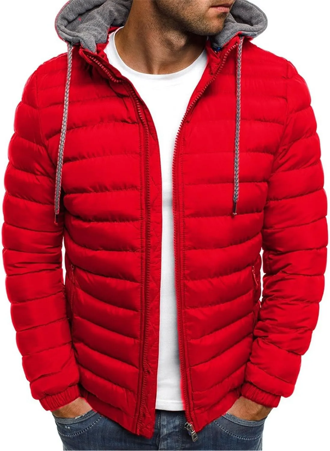 Men's Short Hooded Jacket Solid Color Full Zip Warm Windproof Winter Coats Hooded Outwear Coat Casual Jackets