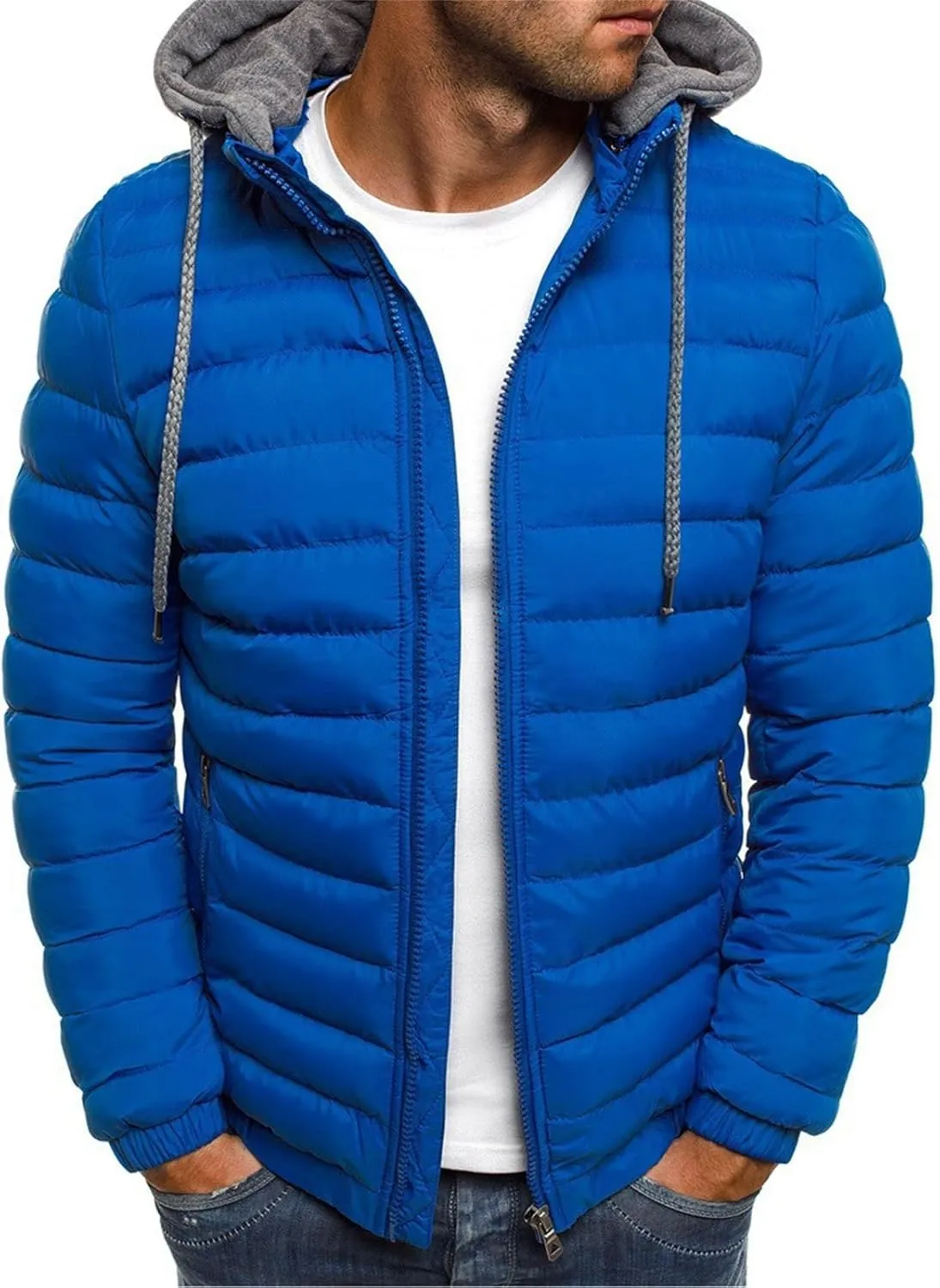 Men's Short Hooded Jacket Solid Color Full Zip Warm Windproof Winter Coats Hooded Outwear Coat Casual Jackets