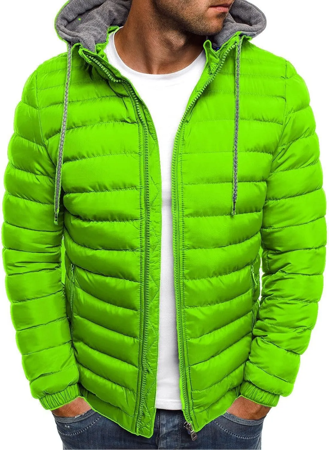 Men's Short Hooded Jacket Solid Color Full Zip Warm Windproof Winter Coats Hooded Outwear Coat Casual Jackets