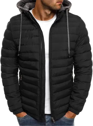 Men's Short Hooded Jacket Solid Color Full Zip Warm Windproof Winter Coats Hooded Outwear Coat Casual Jackets