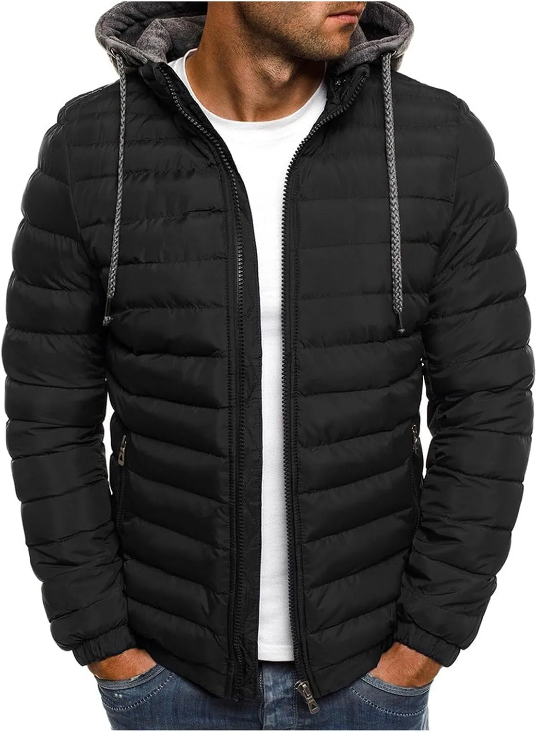 Men's Short Hooded Jacket Solid Color Full Zip Warm Windproof Winter Coats Hooded Outwear Coat Casual Jackets