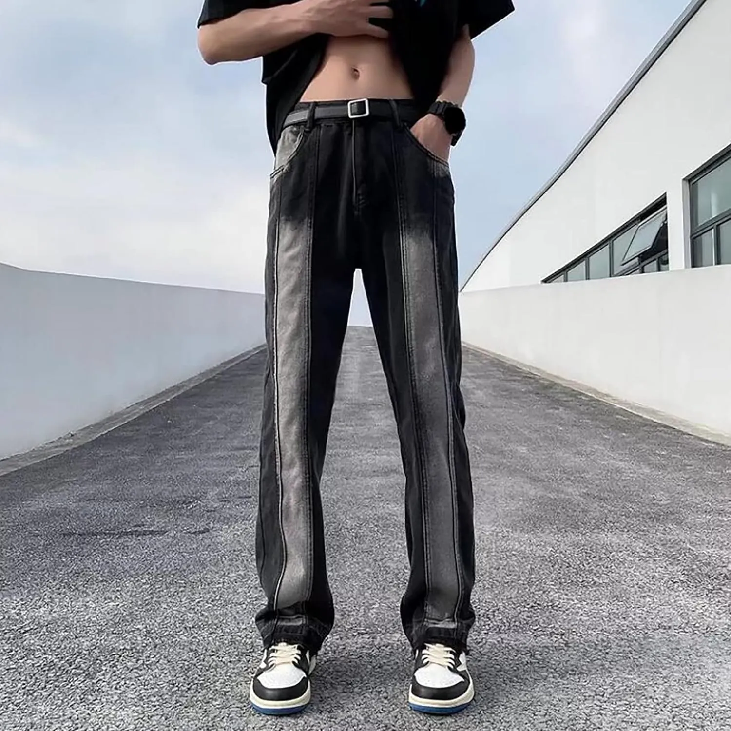 Mens Slim Fit Boot Cut Jeans Denim Straight Leg Relaxed Fit Jeans for Men Washed Old Loose Fashion Casual Jeans Mens