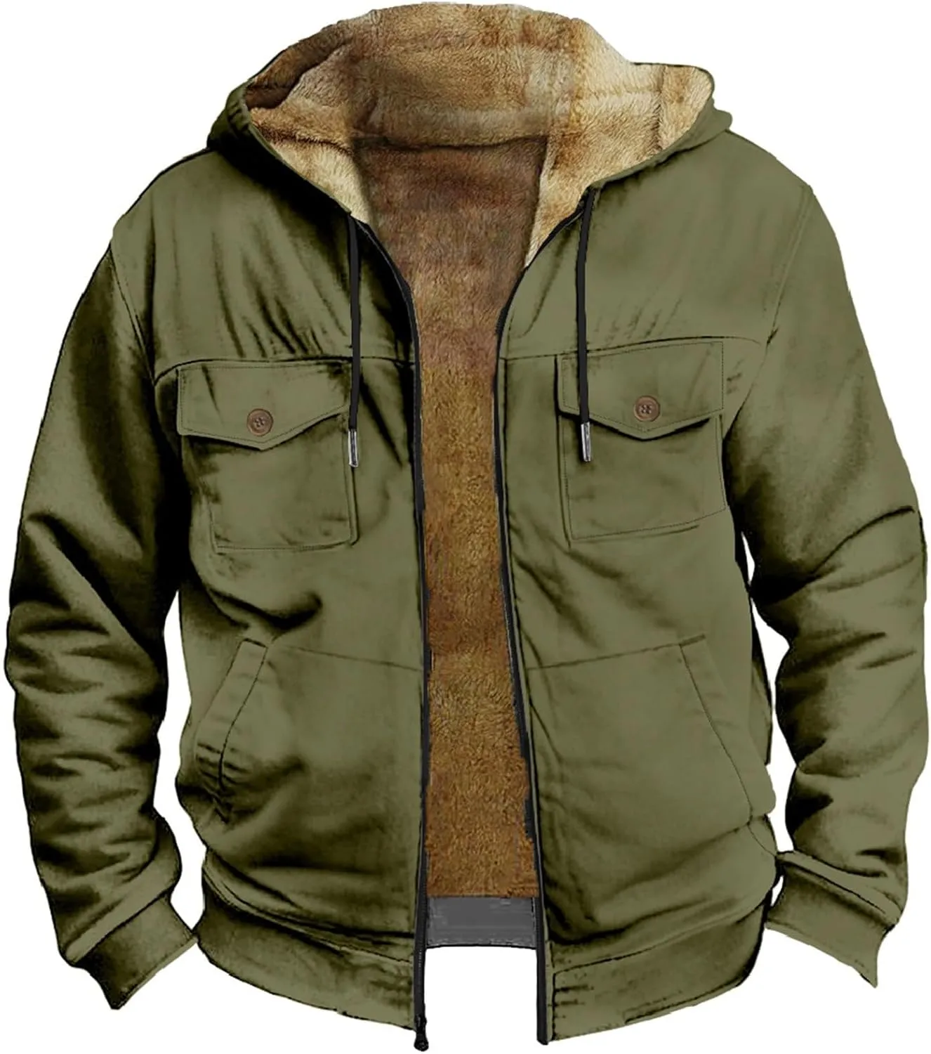 Men's Snap Front Puffer Jacket Sweater with Brown Pocket Cotton Jacket Thick Thermal Cotton Warm Mens Winter Jacket