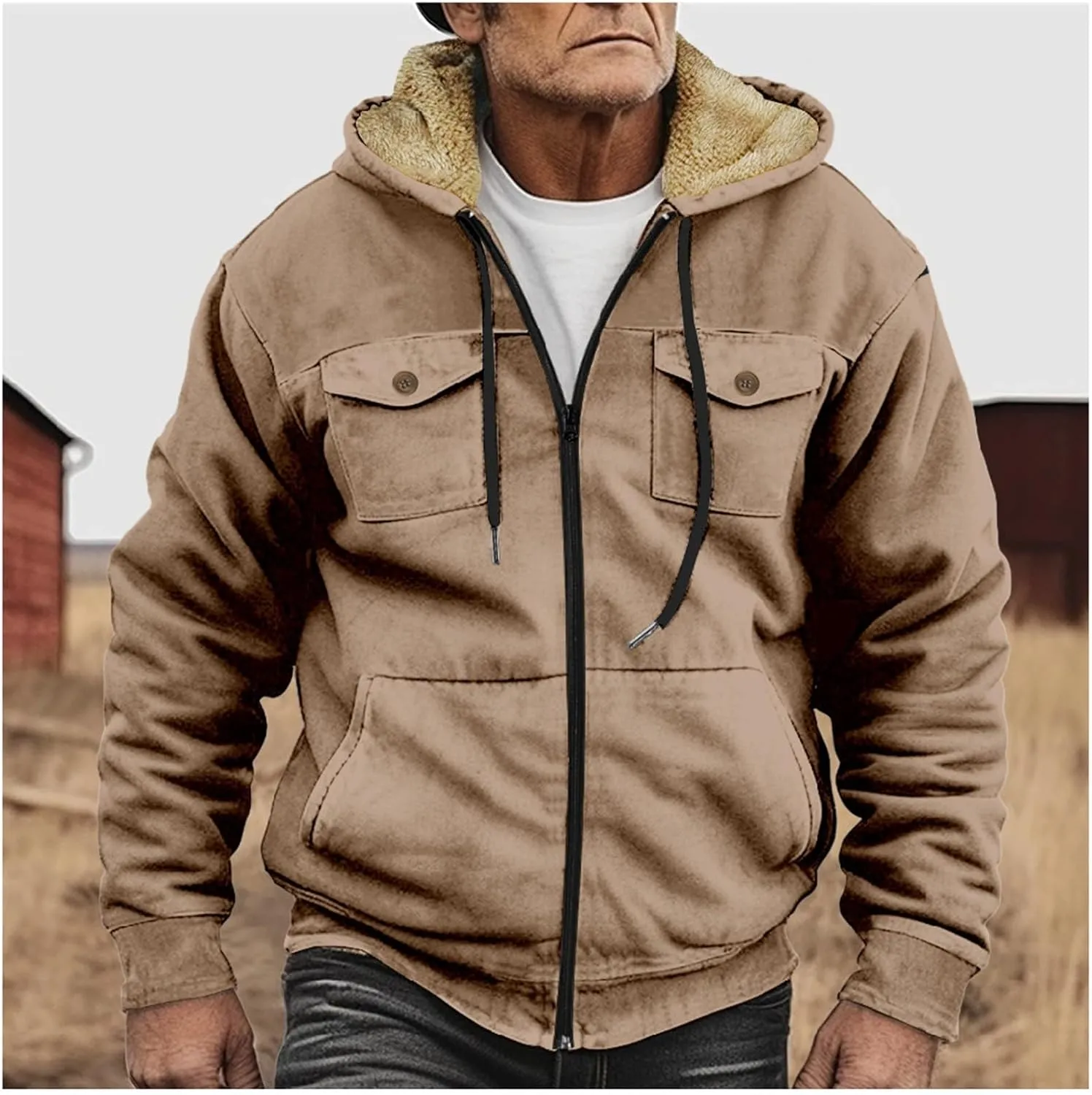 Men's Snap Front Puffer Jacket Sweater with Brown Pocket Cotton Jacket Thick Thermal Cotton Warm Mens Winter Jacket