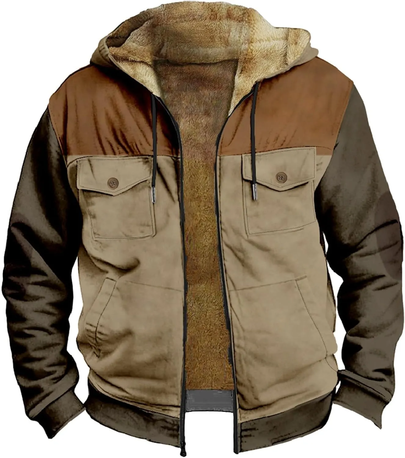 Men's Snap Front Puffer Jacket Sweater with Brown Pocket Cotton Jacket Thick Thermal Cotton Warm Mens Winter Jacket