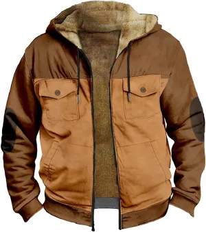 Men's Snap Front Puffer Jacket Sweater with Brown Pocket Cotton Jacket Thick Thermal Cotton Warm Mens Winter Jacket