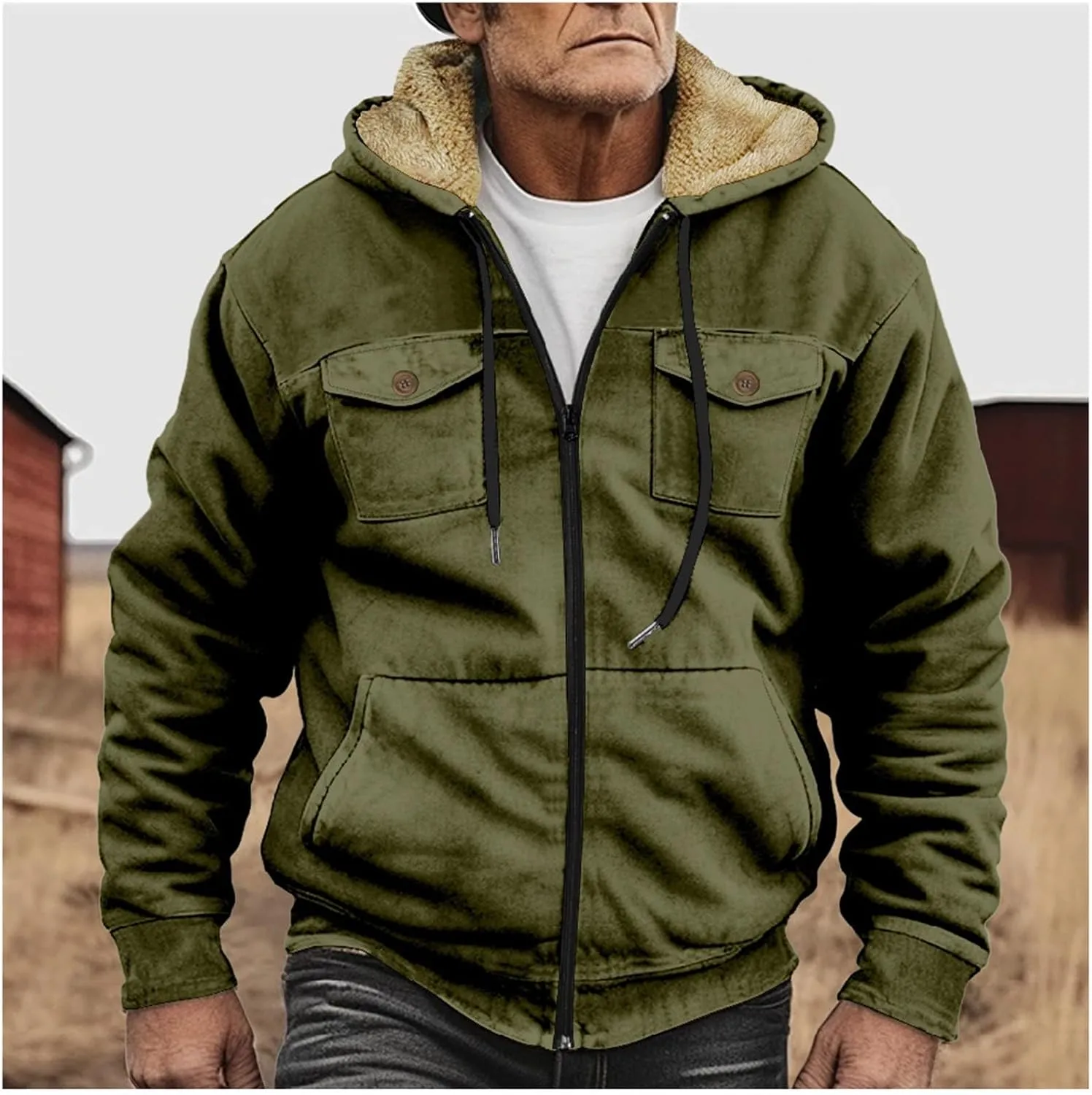Men's Snap Front Puffer Jacket Sweater with Brown Pocket Cotton Jacket Thick Thermal Cotton Warm Mens Winter Jacket
