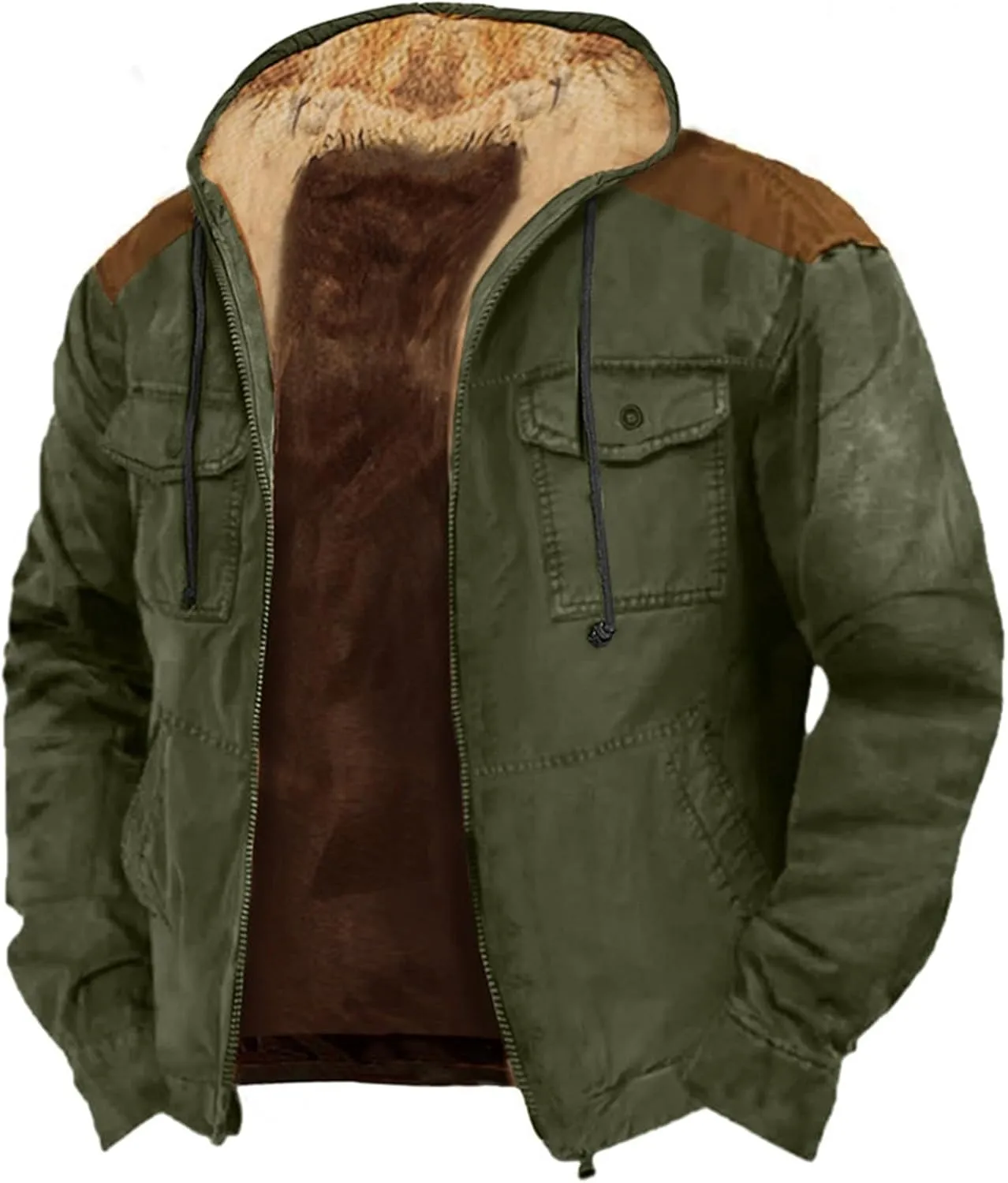 Men's Snap Front Puffer Jacket Sweater with Brown Pocket Cotton Jacket Thick Thermal Cotton Warm Mens Winter Jacket