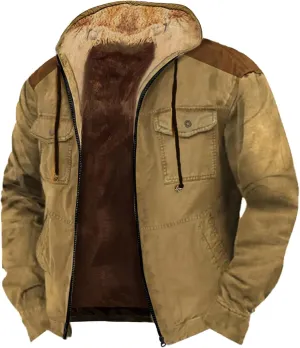 Men's Snap Front Puffer Jacket Sweater with Brown Pocket Cotton Jacket Thick Thermal Cotton Warm Mens Winter Jacket
