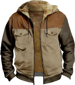 Men's Snap Front Puffer Jacket Sweater with Brown Pocket Cotton Jacket Thick Thermal Cotton Warm Mens Winter Jacket