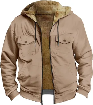 Men's Snap Front Puffer Jacket Sweater with Brown Pocket Cotton Jacket Thick Thermal Cotton Warm Mens Winter Jacket