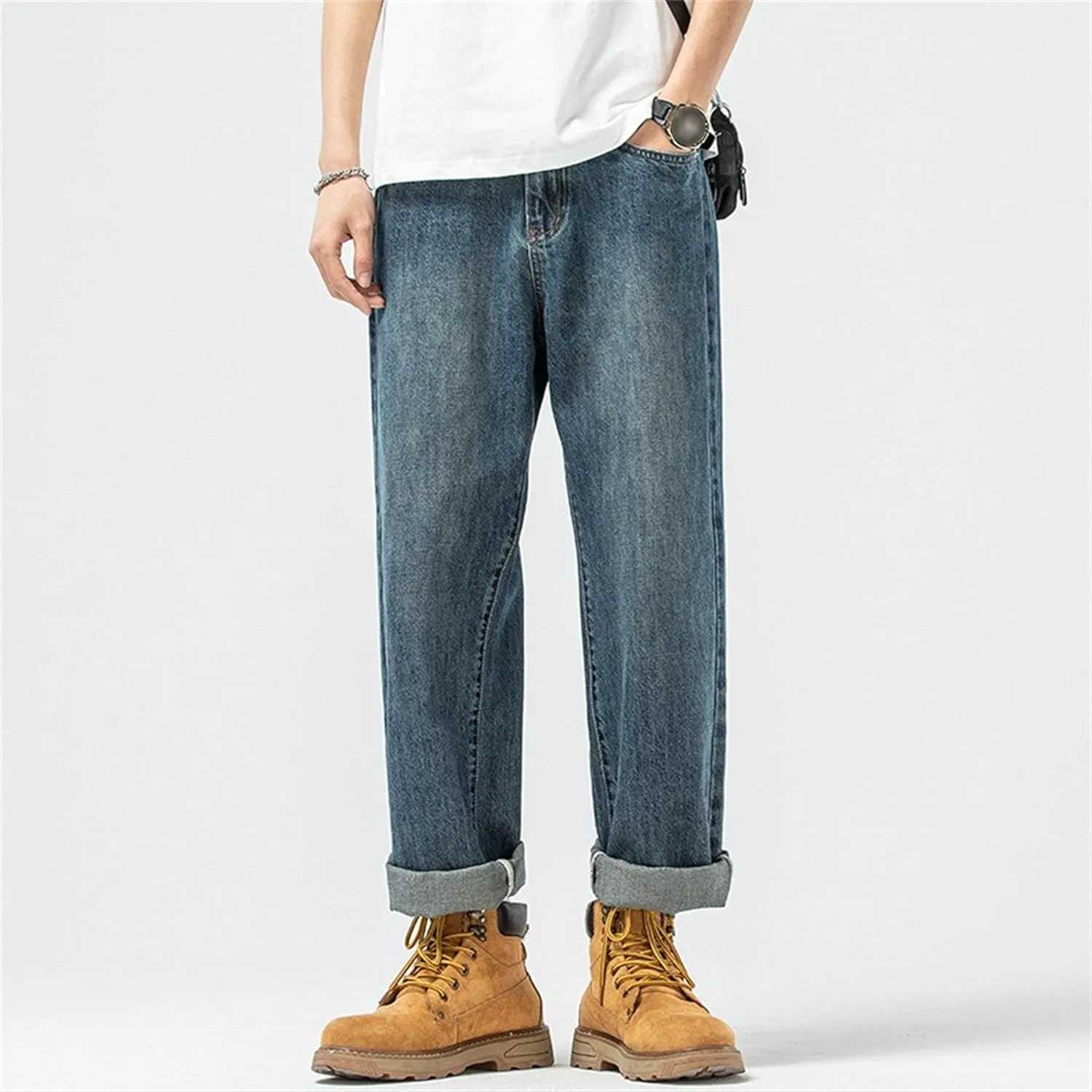 Men's Vintage Casual Relaxed Fit Jeans Comfort Straight Leg Spring Fall Denim Pants Lightweight Solid Jeans Trouser