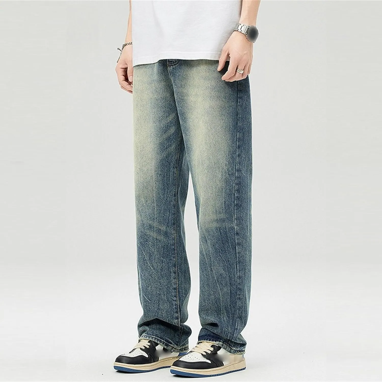 Men's Vintage Straight Leg Casual Jeans Wide Leg Washed Outdoor Denim Pants Relaxed Fit Hip Hop Baggy Jeans