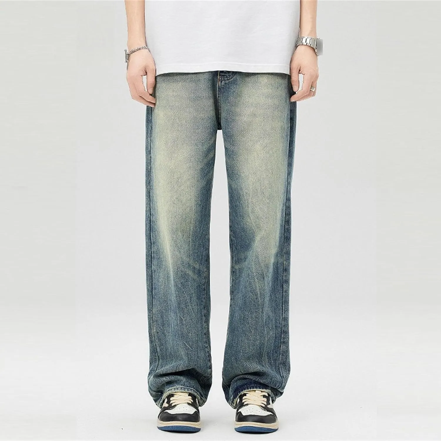 Men's Vintage Straight Leg Casual Jeans Wide Leg Washed Outdoor Denim Pants Relaxed Fit Hip Hop Baggy Jeans