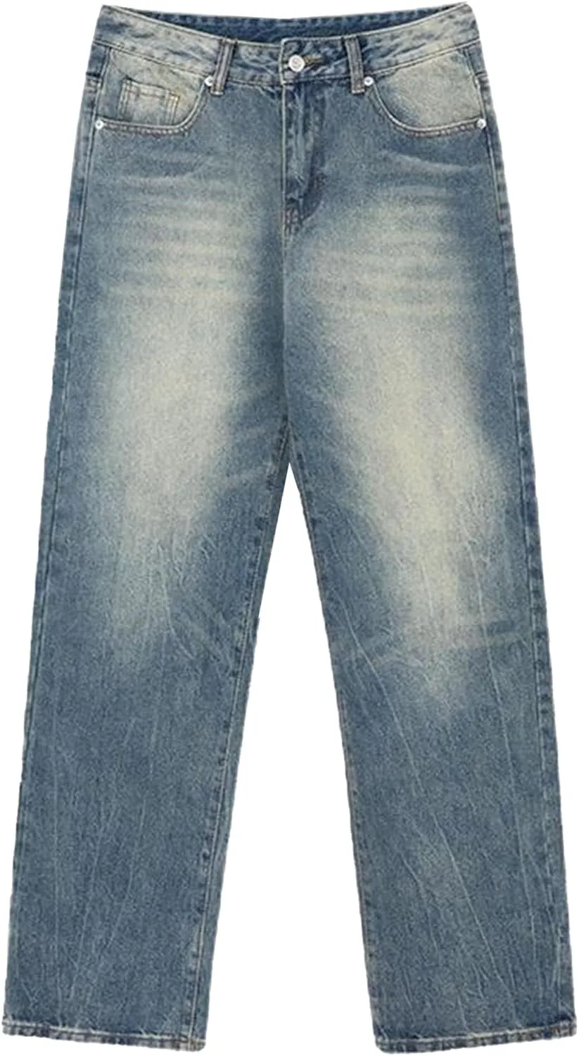 Men's Vintage Straight Leg Casual Jeans Wide Leg Washed Outdoor Denim Pants Relaxed Fit Hip Hop Baggy Jeans