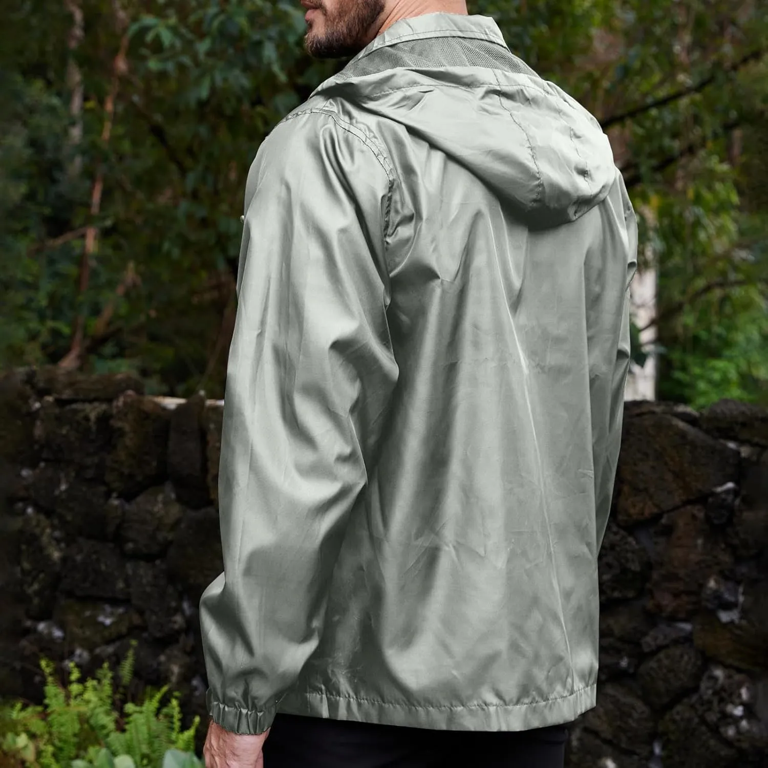 Men's Waterproof Raincoat Zip Up Lightweight Rain Jacket with Detachable Hood Softshell Windbreaker for Hiking Travel