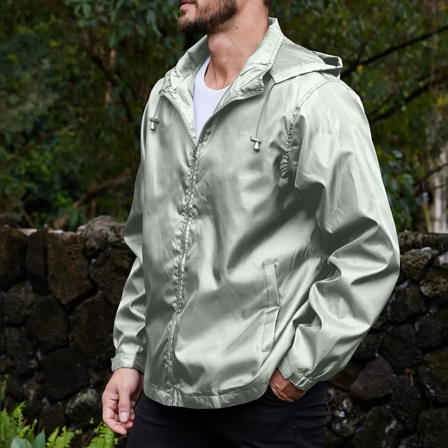 Men's Waterproof Raincoat Zip Up Lightweight Rain Jacket with Detachable Hood Softshell Windbreaker for Hiking Travel
