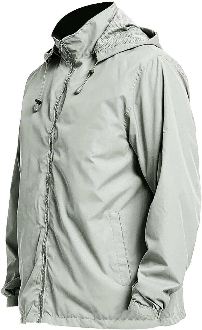 Men's Waterproof Raincoat Zip Up Lightweight Rain Jacket with Detachable Hood Softshell Windbreaker for Hiking Travel
